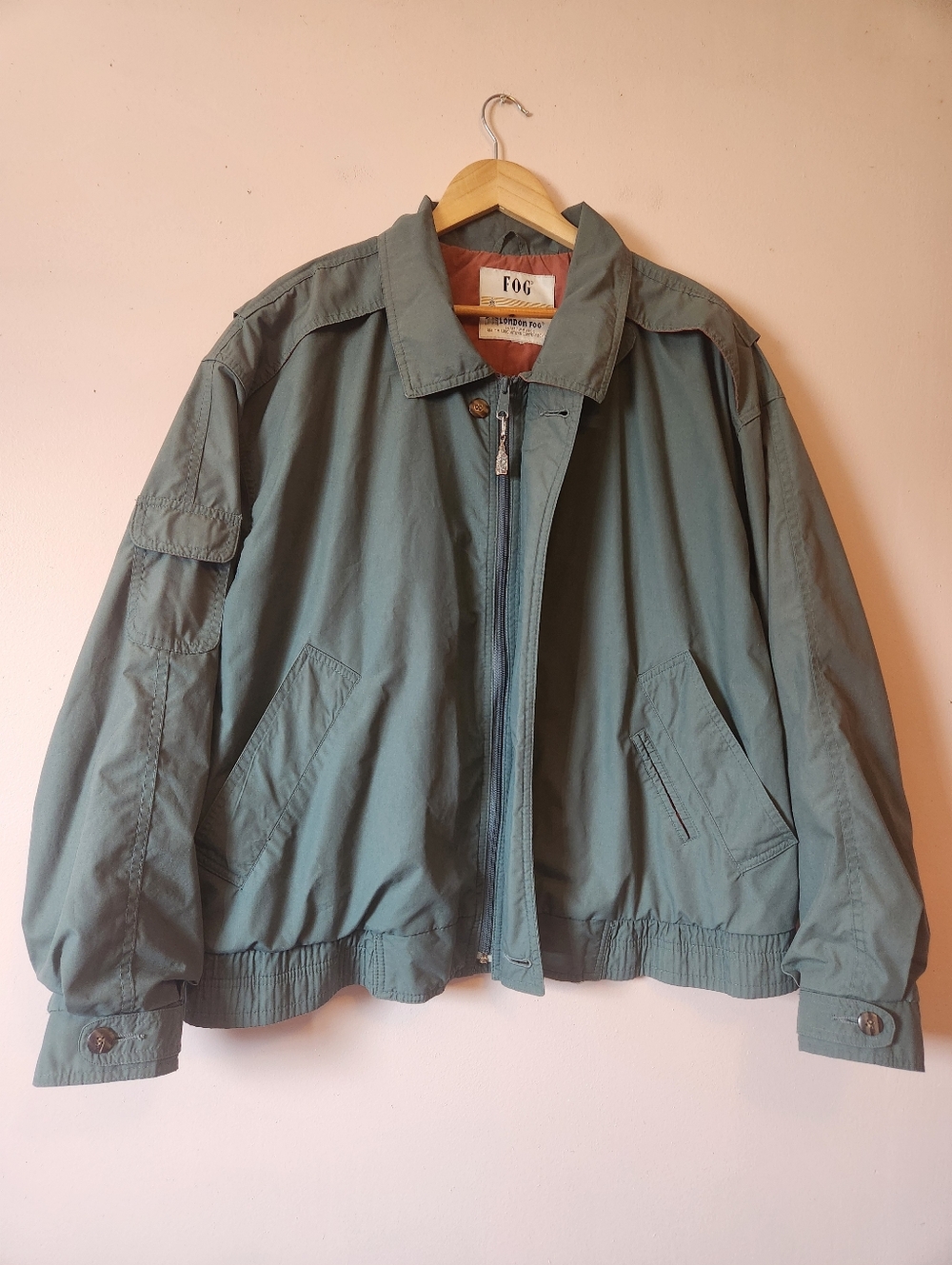 Vintage London Fog FOG Sage Green Bomber Jacket 80s 90s XL Rare Big Ben Zip VTG